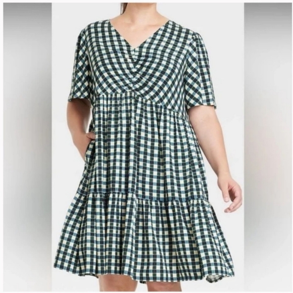 Ava & Viv Women's Plus Size Flutter Short Sleeve Tiered Midi Dress Gingham - Picture 3 of 12